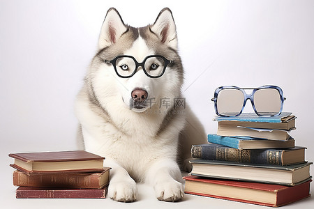 书附近地上戴着眼镜的哈士奇狗