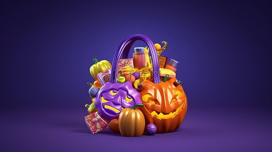 传统的十月假期 3D 渲染一个黄色袋子，里面装满了紫色背景的彩色糖果和糖果，为万圣节快乐