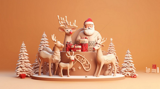 圣诞老人活动背景图片_圣诞老人和驯鹿在圣诞节庆祝活动中与产品展示 3D 渲染一起欢乐
