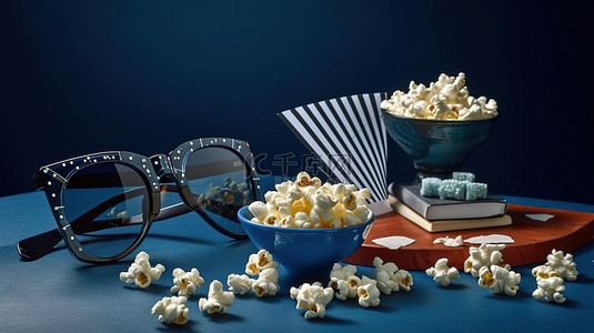 娱乐行业电影拍板爆米花碗和 3D 眼镜的顶视图，经典蓝色背景，带有戏剧性的阴影