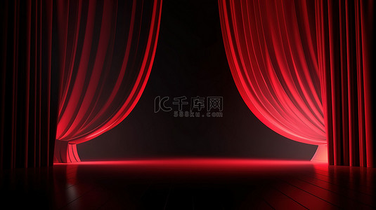 带有聚光灯的红色窗帘背景的充满活力的 3D 渲染非常适合节日之夜活动