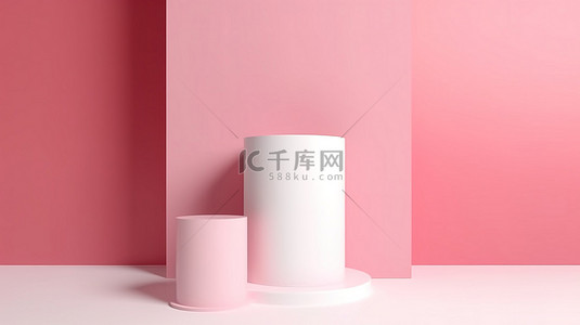 首饰盒和首饰背景图片_在粉红色背景上以 3d 渲染的粉红色和白色圆筒讲台的插图