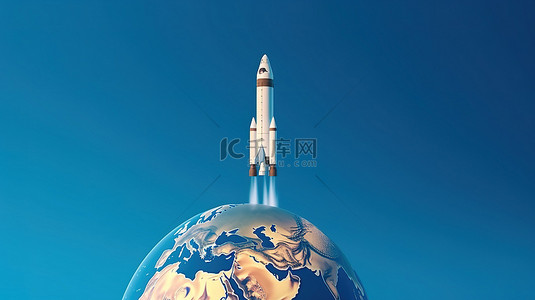 蓝色背景下从地球发射火箭的 3d 渲染