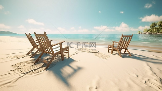 家庭友好的热带海滩 3d 渲染与舒适的躺椅