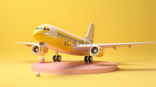 柔和的黄色飞机的 3D 渲染翱翔在柔和的柔和背景中，登上领奖台飞机起飞