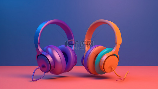 复古橙色耳机 3D 呈现在紫色和蓝色隔离背景上，带有图标插图