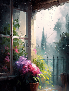鲜花绿植雨天的阳台花园花卉背景