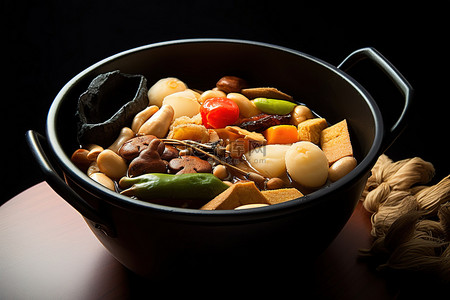 食品坚果背景图片_黑色金属锅里的食物里装满了豆子和坚果