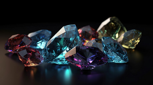 在黑暗背景下以 3d 呈现的发光水晶宝石和钻石