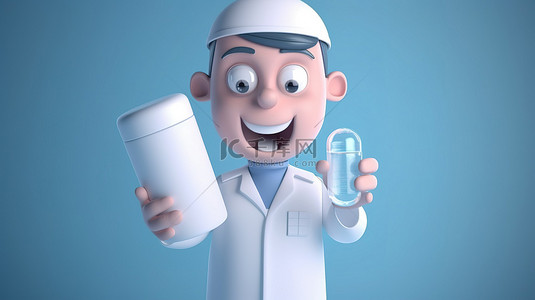 医生的手背景图片_医学概念 3D 卡通医生手里拿着药丸胶囊