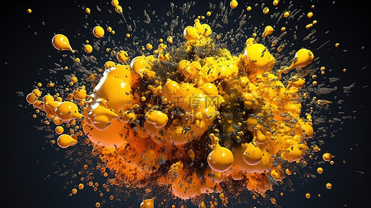 充满活力的黄色颗粒爆发，动态工作室展示 3D 渲染的敏捷性和化妆