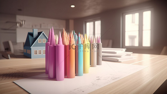 房子平面3d背景图片_具有 3D 房屋渲染和设计标记的建筑师桌面