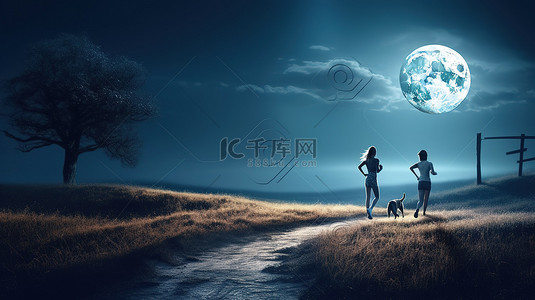 狗狗与女孩背景图片_夜间冒险 3d 女人和她忠实的狗在月光下慢跑