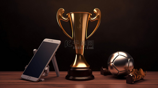 体育场比赛背景图片_青铜奖杯杯 vuvuzela 角和复制空间在智能手机在线足球比赛的 3D 插图中