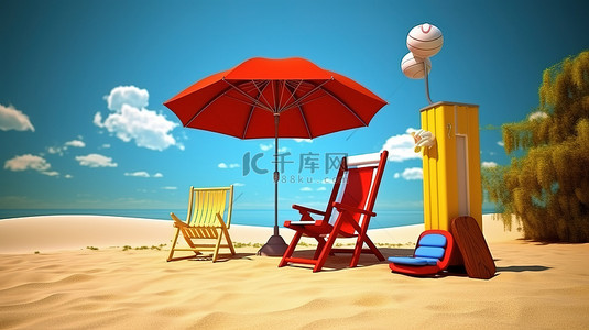 夏日氛围 3D 景观，配有躺椅雨伞和手提箱