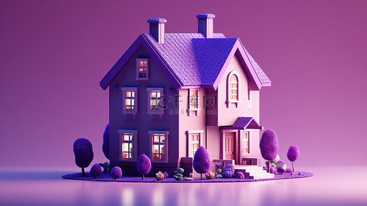 在充满活力的紫色背景上的现代房屋的家庭娱乐 3D 渲染
