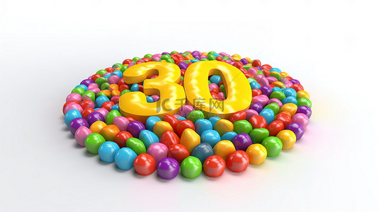节日甜蜜背景图片_节日多彩彩虹糖果的 3D 插图，在白色背景上隔离有 30k 个喜欢
