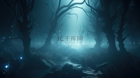 魔法森林笼罩在薄雾和照明球体 3D 插图中