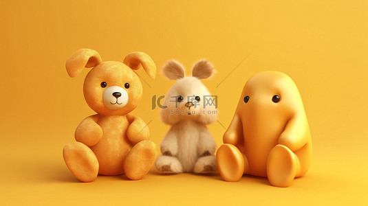 可爱的毛绒玩具熊和兔子在阳光明媚的黄色背景下的 3D 渲染插图中