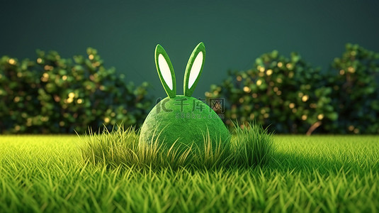 复活节快乐 3d 兔耳装饰绿色鸡蛋坐落在茂密的草丛中