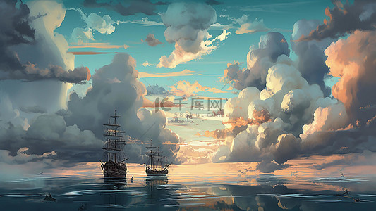夜间大海背景图片_大海天空云层船