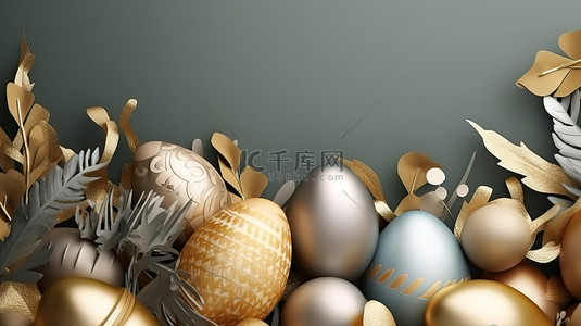 节日贺卡绿色背景图片_节日设计中逼真的复活节装饰元素快乐假期背景与 3d 鸡蛋