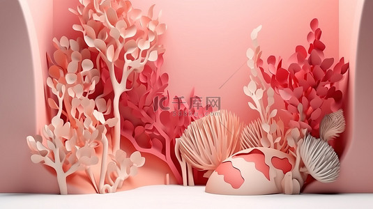 产品方案背景图片_剪纸水下主题 3D 渲染珊瑚和海藻展示，用于护肤保健和医疗产品，采用舒缓的粉红色和米色配色方案