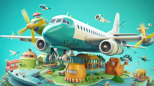 3D 渲染的卡通飞机装饰着“快乐旅行”横幅