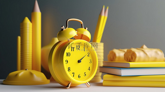按时教育 3D 渲染黄色闹钟，配有书架和铅笔，适合您的模型设计