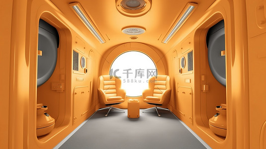 高橙色室内房间中单个金色单色立体声舱的 3D 图标