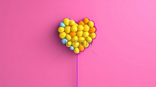 彩虹色的充满活力的心形糖果棒棒糖简约的 3D 渲染情人节概念粉红色背景