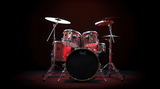 摇滚旗帜背景图片_黑色背景上体积光的 3D 渲染照亮了红色摇滚鼓套件，呈现出专业的外观