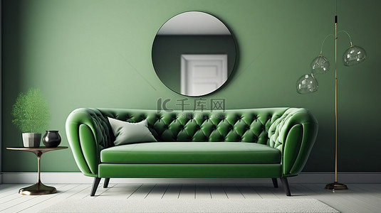 镜面地板背景图片_时尚的生活空间，配有绿色沙发和镜面桌子室内设计 3D 渲染