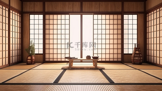 日式榻榻米背景图片_简约的禅宗房间注入日式榻榻米地板和木墙组合 3D 渲染