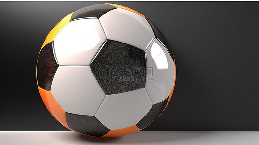 3D 渲染中的黑色和橙色足球在白色背景上隔离，并具有用于广告牌设计的复制空间