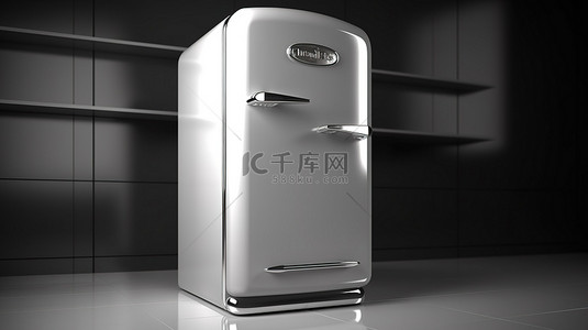 经典厨房 3D 渲染中单色复古冰箱的复古侧视图