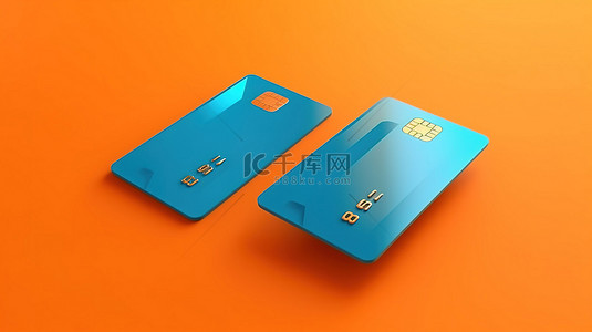橙色背景正面和背面蓝色信用卡的 3d 渲染强调无现金支付概念
