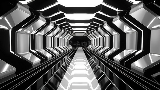 虚拟洁面背景图片_光滑的六角形隧道讲台，具有单色光泽饰面几何霓虹灯图案和明亮的反射抽象 3D 渲染