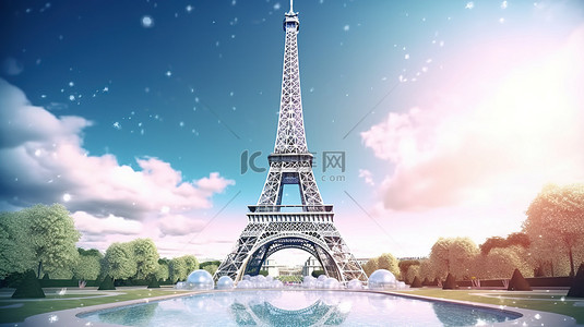 提尔塔水背景图片_标志性埃菲尔铁塔的 3D 渲染
