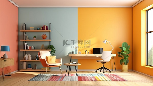 客厅内部的 3D 渲染，配有充满活力的橙色和黄色墙壁木地板和时尚的蓝色和木质扶手椅，靠近实用的办公桌