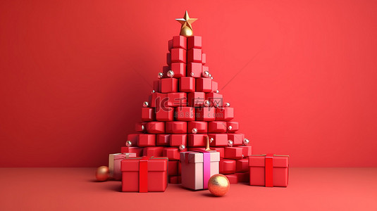 金色新年礼物背景图片_喜庆的红色背景与 3D 渲染的圣诞树和新年礼物概念促销横幅