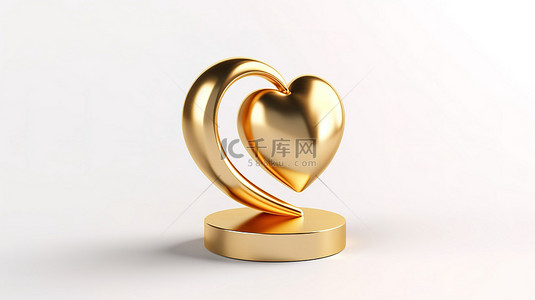 象征着白色背景 3D 渲染上颁发的爱情奖的金心奖杯