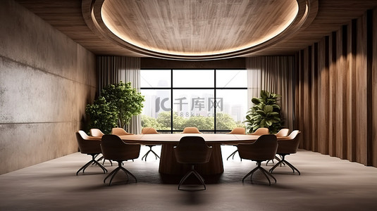 室内会议背景图片_高架会议空间豪华的内饰，配有木制家具抛光混凝土墙壁和地板 3D 渲染