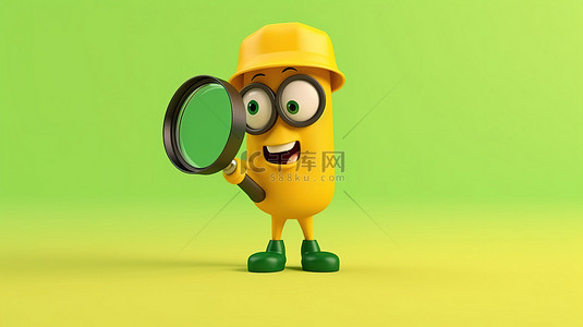绿色垃圾箱角色吉祥物的 3D 渲染，该吉祥物拿着放大镜，黄色背景上有回收标志