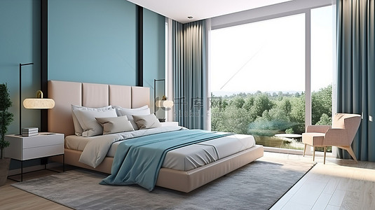 上下双人床背景图片_蓝色和棕色的当代卧室，配有双人床和宽大的窗户 3D 插图