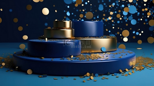 深蓝色豪华 3D 讲台，配有彩色五彩纸屑，用于庆祝周年纪念日和金色优雅的成就