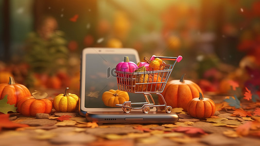 物流运输主题背景图片_在 3D 移动应用程序上进行秋季主题电子商务购物