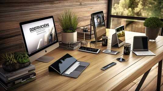 电脑桌面圖標背景图片_木桌上的数字设备为在线营销机构提供 3D 渲染