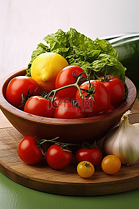 板上绿色碗里的西红柿蔬菜和蔬菜
