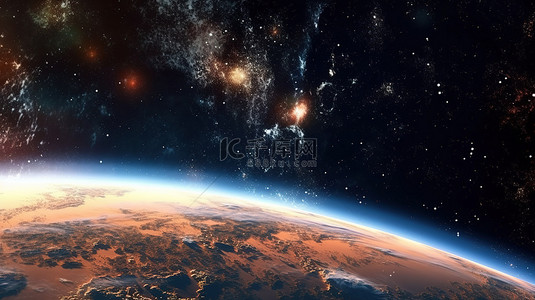 星空北斗背景图片_从太空看到的银河系和地球的 3D 插图